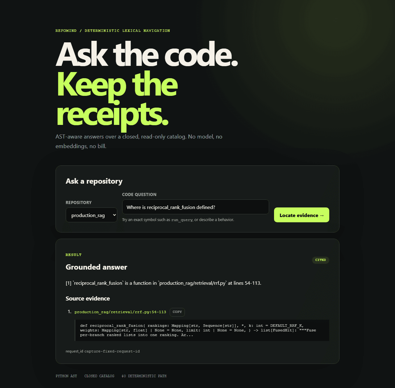 RepoMind answering a question about its own repository with path and line citations